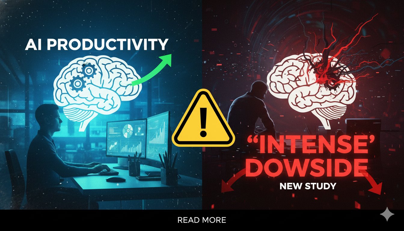 Illustration of a stressed office worker surrounded by multiple AI-generated task screens and overflowing workload icons, symbolizing intensified productivity and burnout risk.