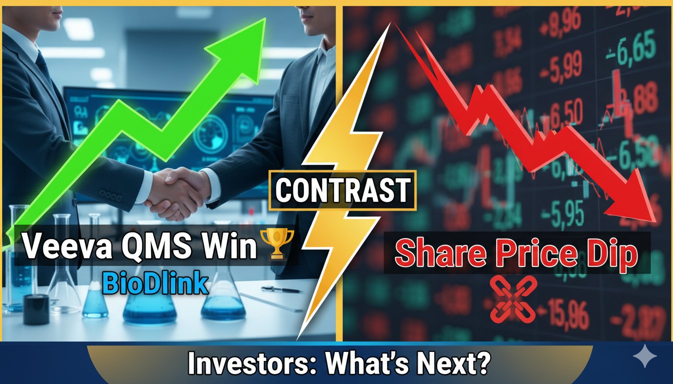 Alt Text for featured image : Stock chart of Veeva Systems (VEEV) showing recent price weakness alongside a digital representation of cloud-based quality management system interface