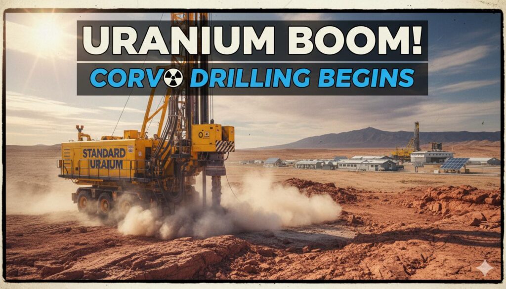 Diamond drill rig operating in winter conditions at Standard Uranium's Corvo Project in the Athabasca Basin, northeastern Saskatchewan, with snow-covered landscape and exploration team.