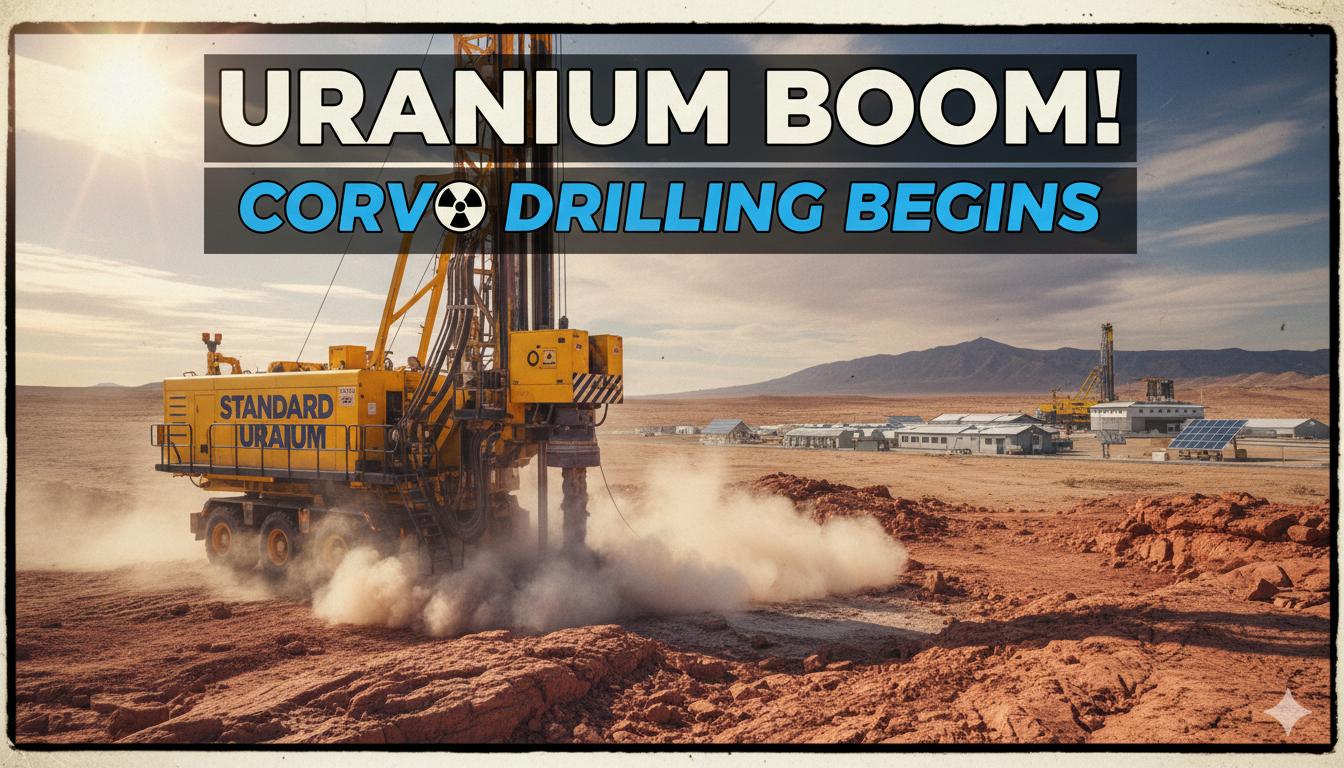 Diamond drill rig operating in winter conditions at Standard Uranium's Corvo Project in the Athabasca Basin, northeastern Saskatchewan, with snow-covered landscape and exploration team.