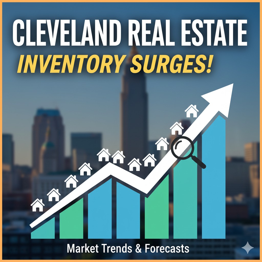 Aerial view of Cleveland Ohio skyline with residential neighborhoods showing increasing homes for sale signs in 2026 real estate market