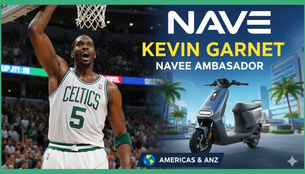 Kevin Garnett posing with a NAVEE electric scooter, representing the new Americas and ANZ brand ambassador partnership