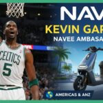Kevin Garnett posing with a NAVEE electric scooter, representing the new Americas and ANZ brand ambassador partnership