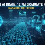 Crowds of Chinese university graduates in caps and gowns entering a modern AI-powered job fair hall with digital screens displaying opportunities