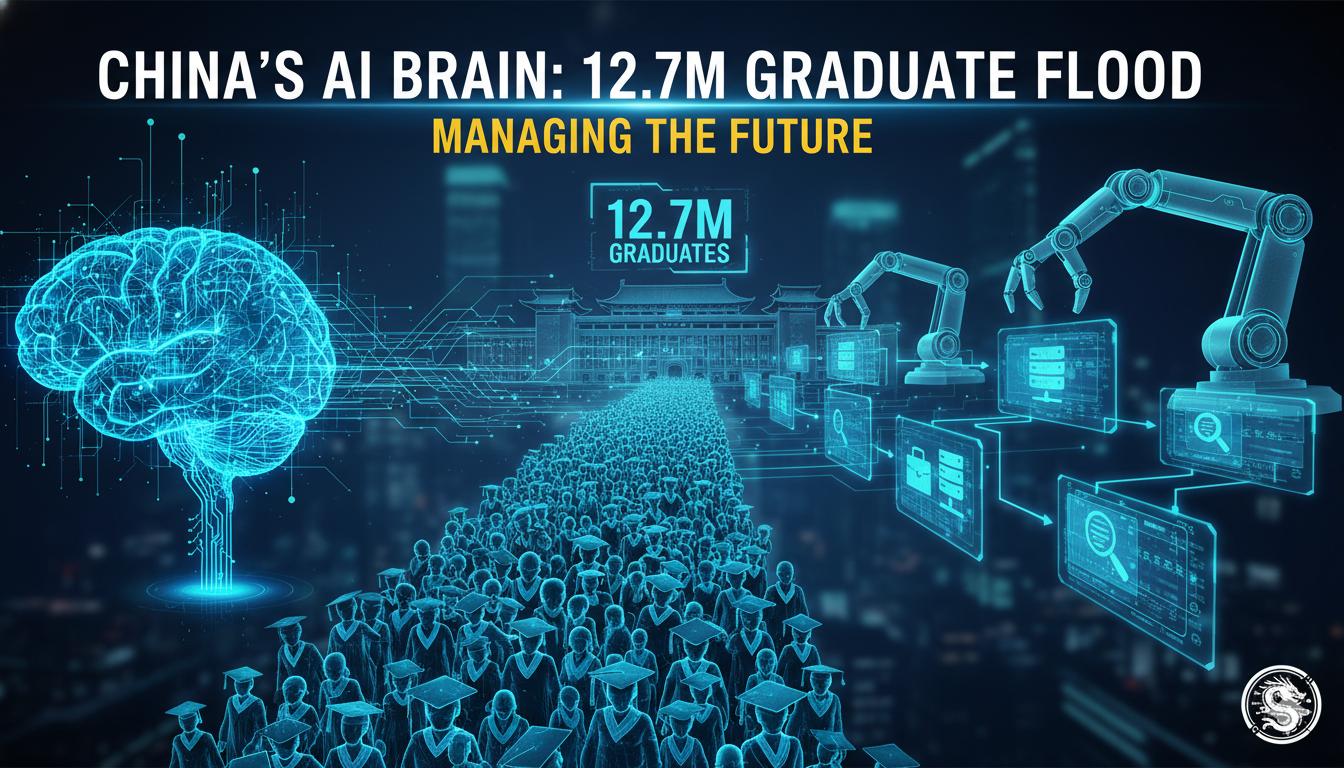 Crowds of Chinese university graduates in caps and gowns entering a modern AI-powered job fair hall with digital screens displaying opportunities