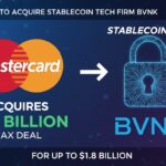 Mastercard logo merging with digital stablecoin blockchain network representing acquisition of BVNK for up to $1.8 billion