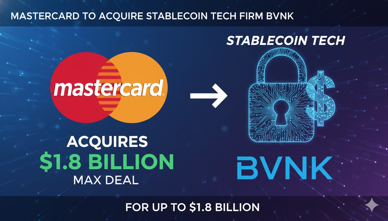 Mastercard logo merging with digital stablecoin blockchain network representing acquisition of BVNK for up to $1.8 billion