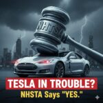 National Highway Traffic Safety Administration building exterior with Tesla logo overlay and caution symbol representing regulatory scrutiny on autonomous driving technology
