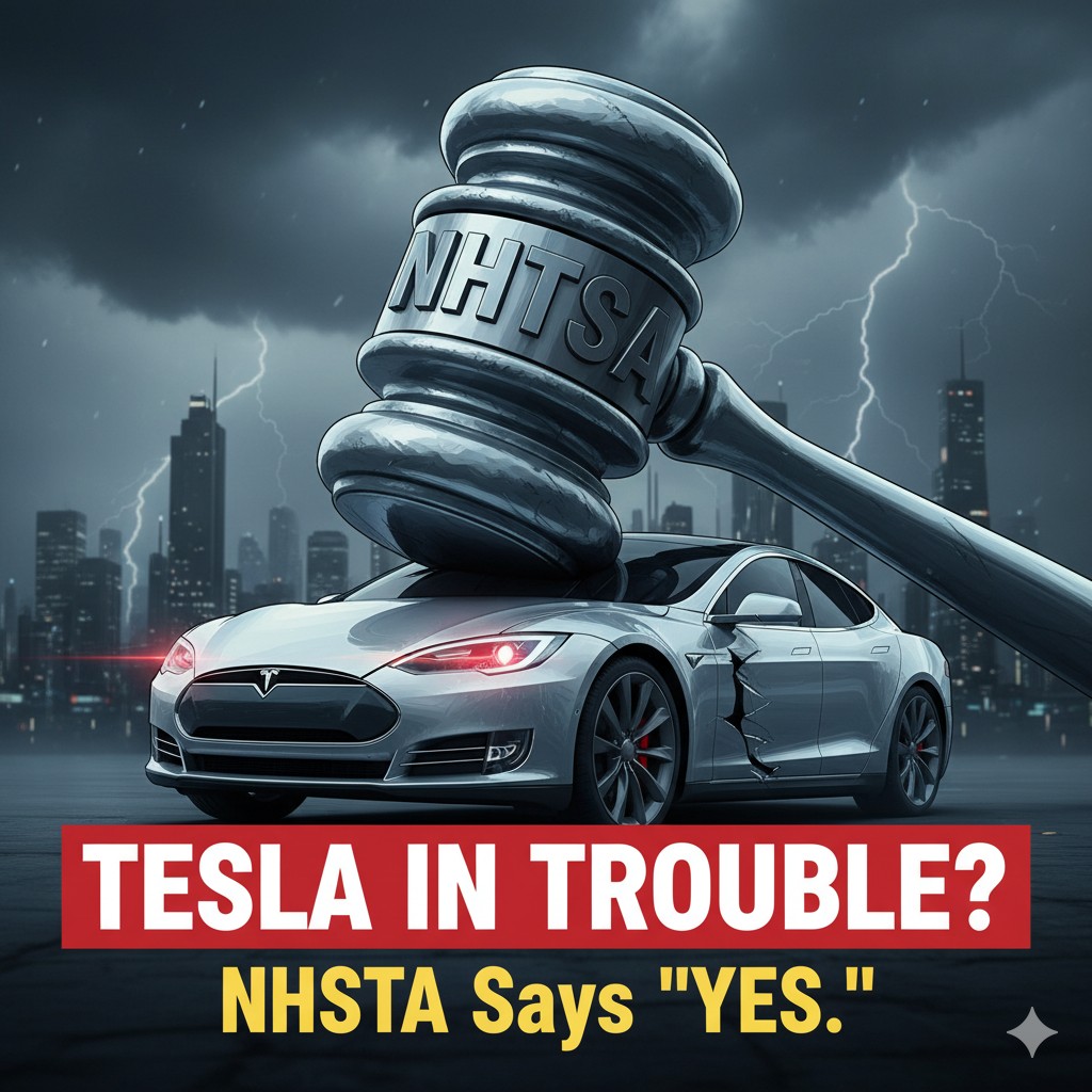 National Highway Traffic Safety Administration building exterior with Tesla logo overlay and caution symbol representing regulatory scrutiny on autonomous driving technology