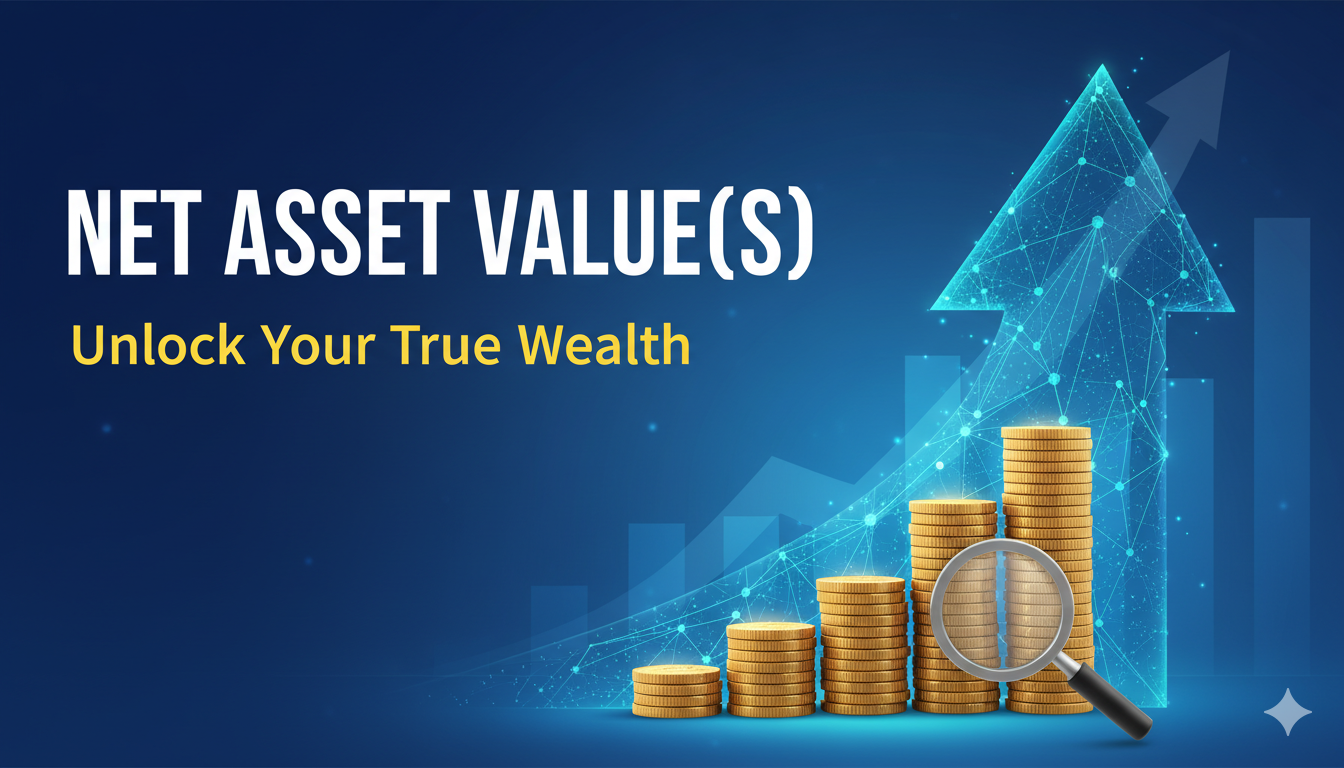 Illustration of a calculator displaying Net Asset Value (NAV) formula with mutual fund and ETF icons in the background.