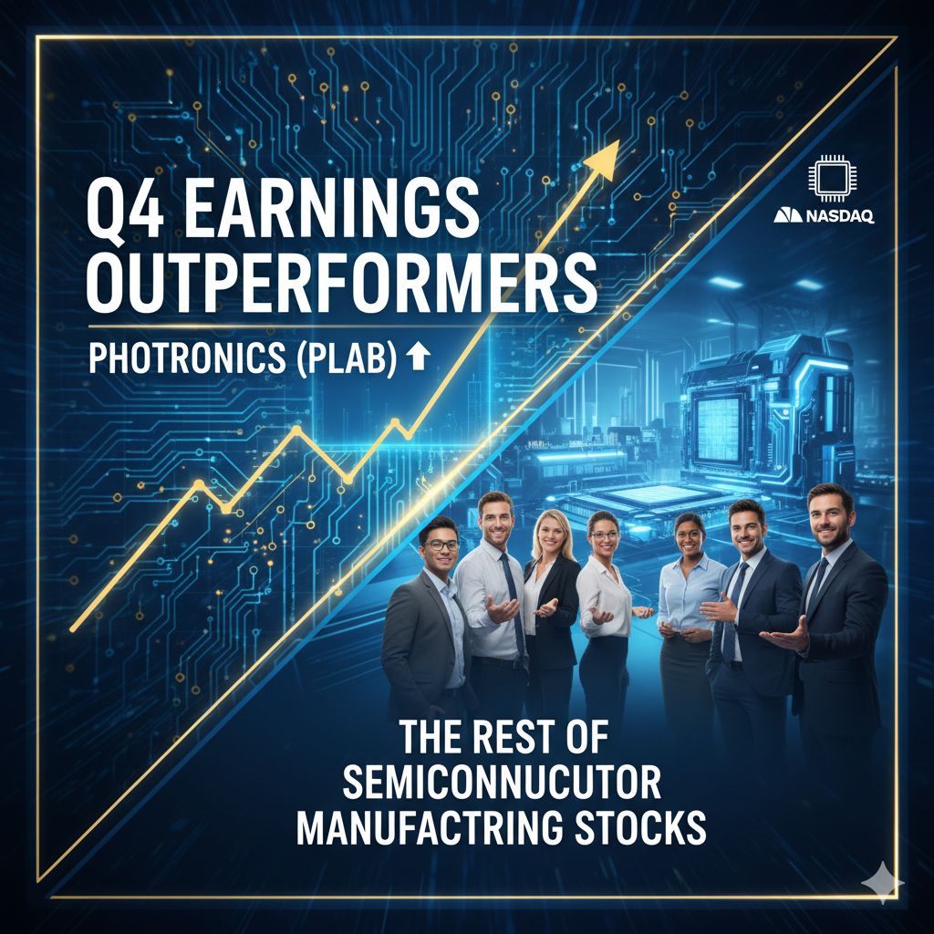 Photronics NASDAQ:PLAB logo with semiconductor photomask wafer pattern in background representing Q4 earnings outperformers in manufacturing stocks
