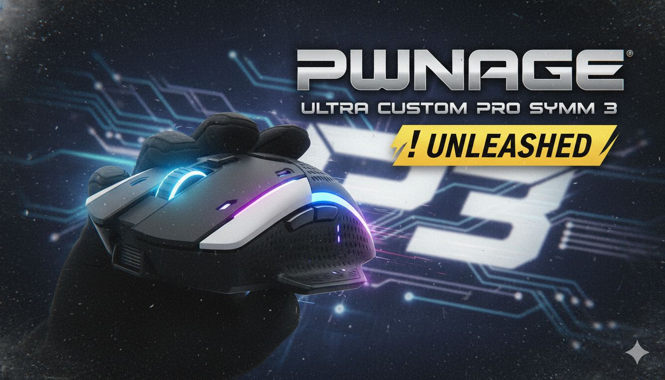 Ultra Custom Pro Symm 3 gaming mouse in black with symmetrical design and customizable shell covers displayed on a dark background