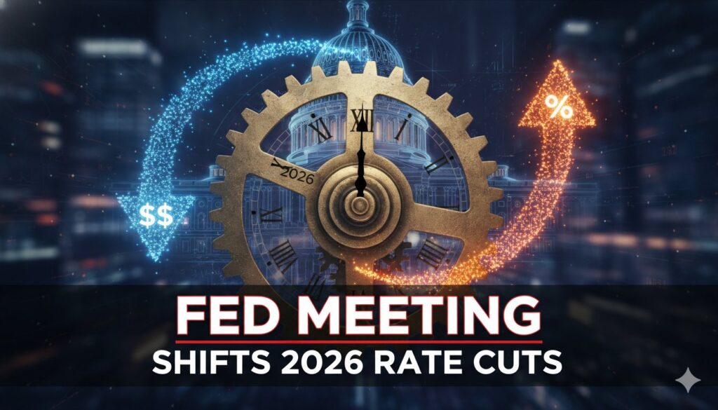Federal Reserve building with interest rate charts and economic data graphs overlay in the foreground, representing shifting expectations for 2026 rate cuts.
