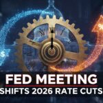 Federal Reserve building with interest rate charts and economic data graphs overlay in the foreground, representing shifting expectations for 2026 rate cuts.