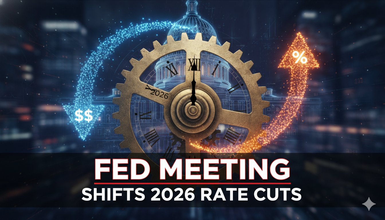 Federal Reserve building with interest rate charts and economic data graphs overlay in the foreground, representing shifting expectations for 2026 rate cuts.