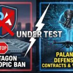 Alt Text for featured image : Illustration of Palantir logo intertwined with Pentagon building and AI neural network elements, symbolizing defense AI integration challenges.