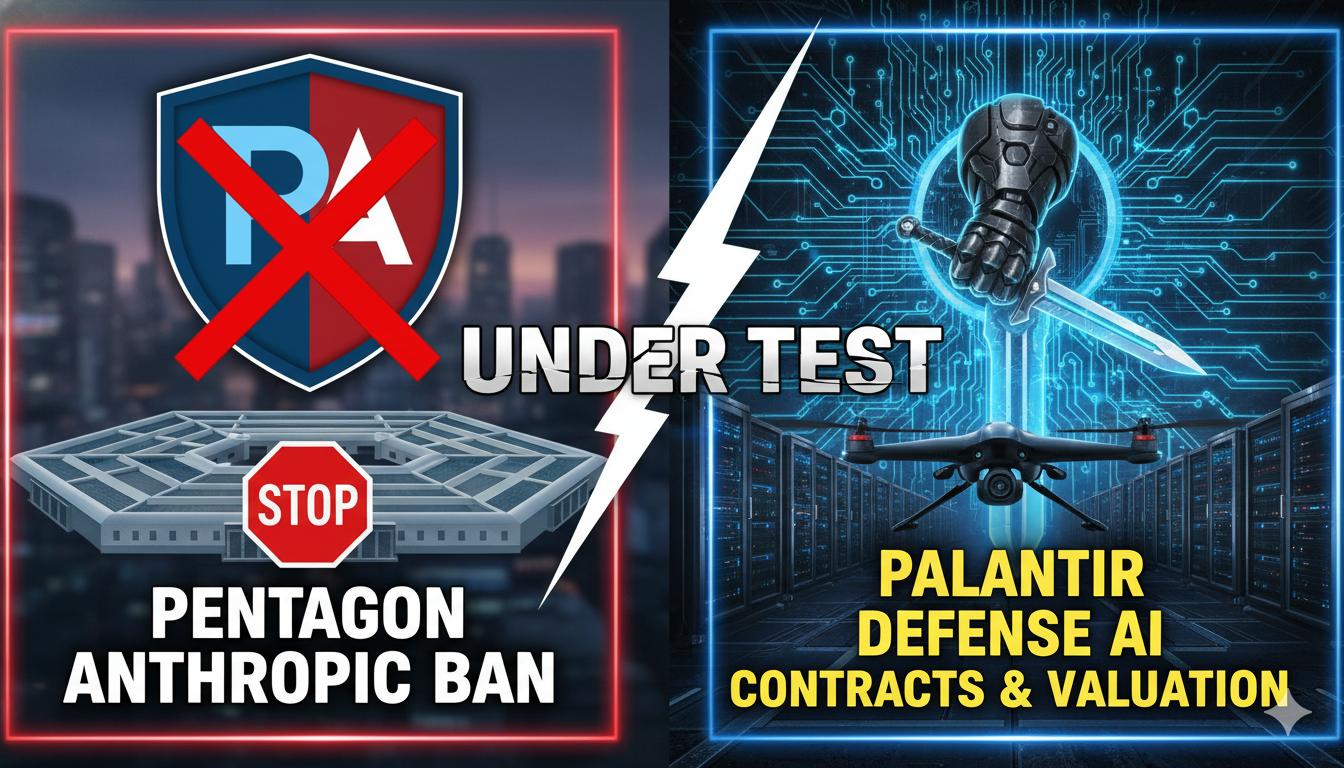 Alt Text for featured image : Illustration of Palantir logo intertwined with Pentagon building and AI neural network elements, symbolizing defense AI integration challenges.