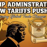 President Trump signing trade proclamation on tariffs with American flag in background