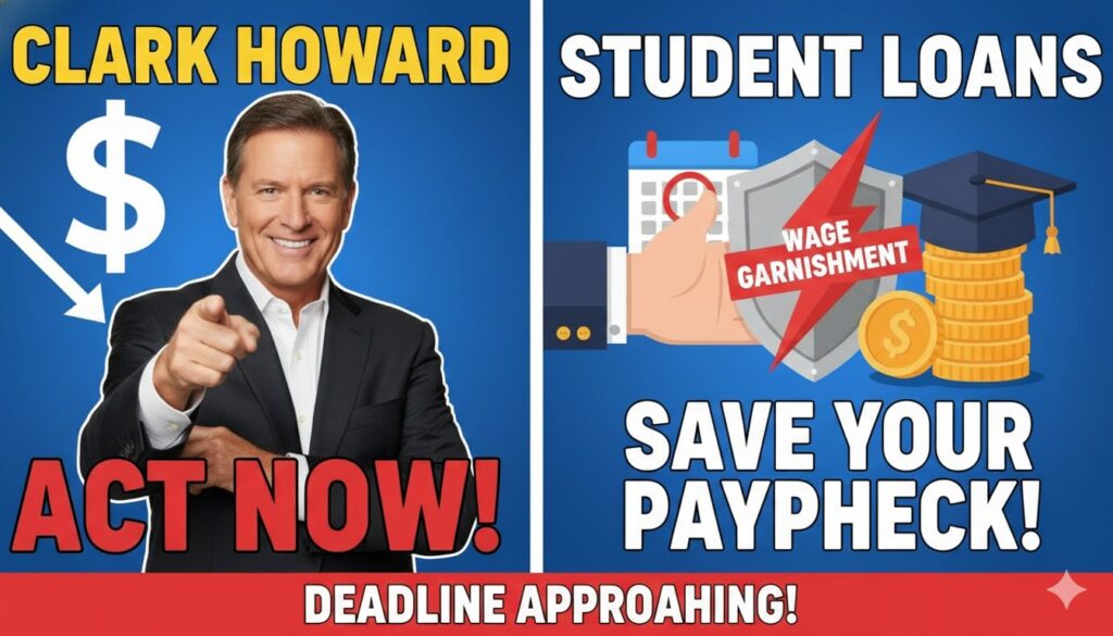 Illustration of a worried borrower reviewing student loan documents with wage garnishment warning notice in background