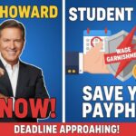 Illustration of a worried borrower reviewing student loan documents with wage garnishment warning notice in background