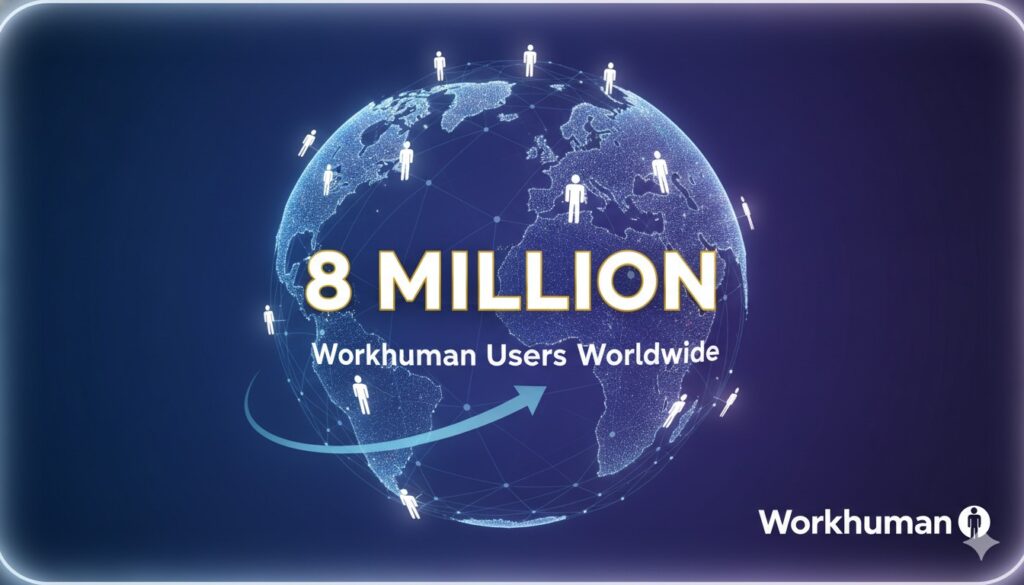 Digital illustration of global network with 8 million connected users celebrating employee recognition milestone on Workhuman platform