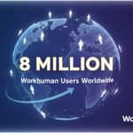 Digital illustration of global network with 8 million connected users celebrating employee recognition milestone on Workhuman platform