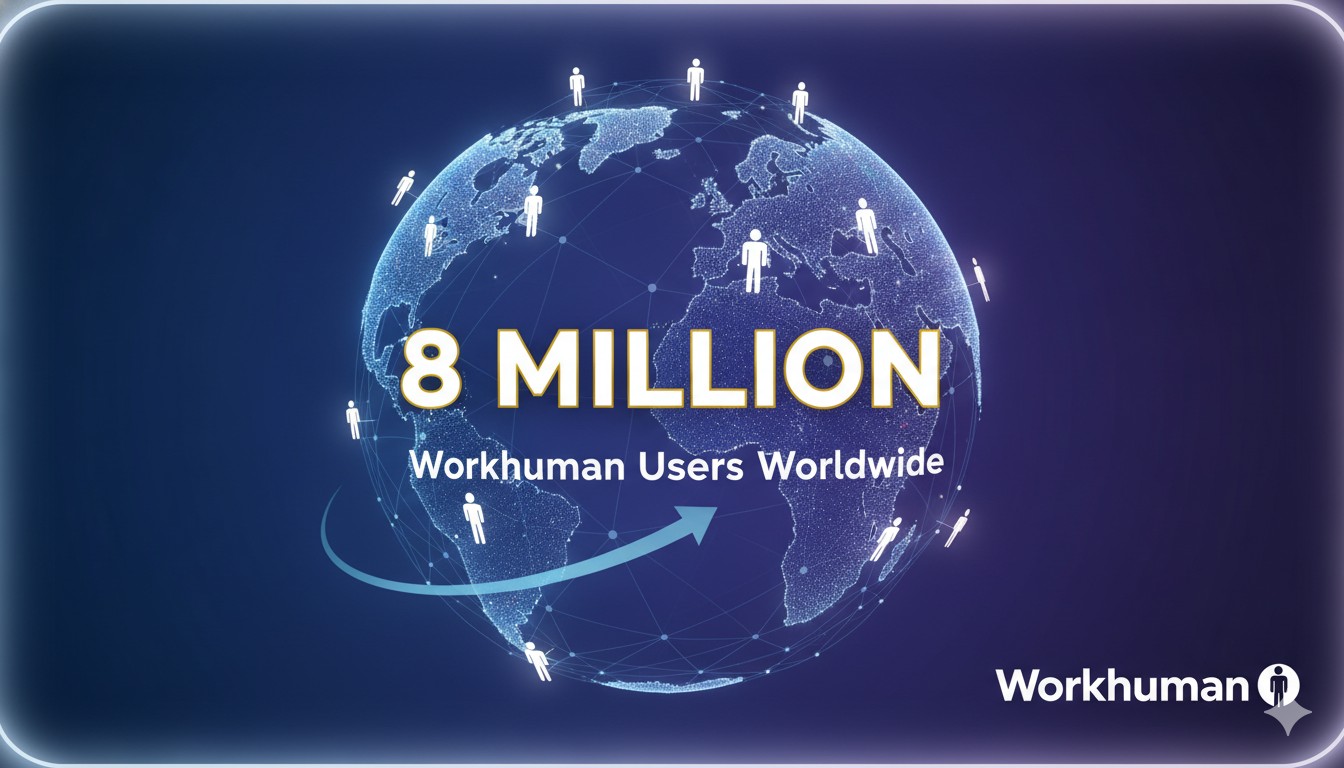 Digital illustration of global network with 8 million connected users celebrating employee recognition milestone on Workhuman platform